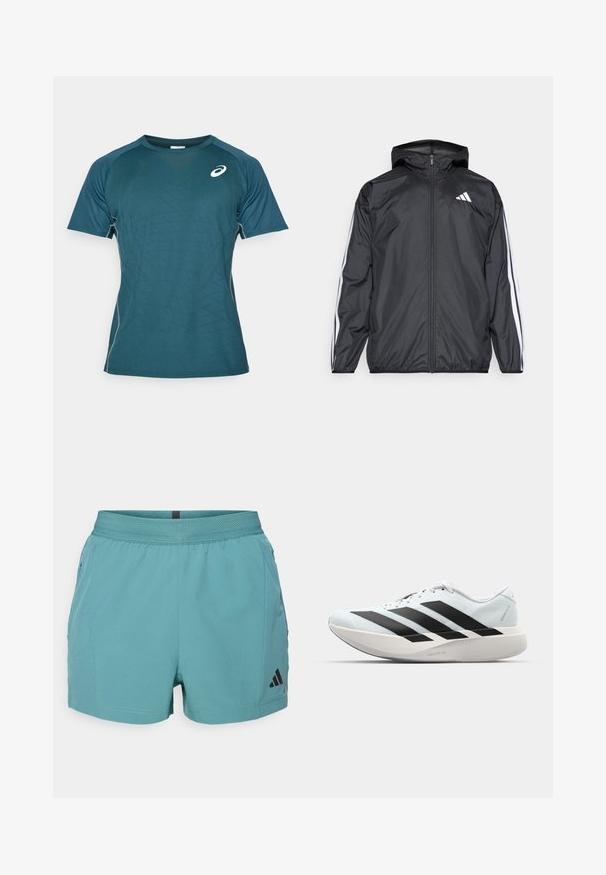 Jachetă neagră de vânt cu glugă, realizată dintr-un material neted și ușor. Prezintă dungi albe pe mâneci și un logo pe piept.; Tricou athletic cu mânecă scurtă, de culoare teal închis, cu un model geometric texturat, având un guler rotund și detalii de cusătură în contrast.; Shorts atletici de culoare teal cu un brâu texturat, buzunare laterale și logo-ul Adidas de culoare neagră în partea dreaptă jos. Material ușor.; Pantofi de alergare ușori în albastru deschis cu dungi negre. Au un superior neted, vârf rotund și o intermediară groasă albă etichetată "LIGHTSTRIKE PRO."