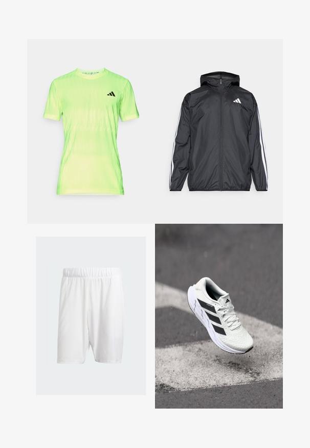 Crna jakna s kapuljačom, izrađena od glatkog, laganog materijala. Sadrži bijele pruge duž rukava i logo na prsima.; Majica kratkih rukava za sport u svijetloj neon zelenoj boji, napravljena od lagane tkanine s valovitom teksturom i crnim logotipom na prsima.; Bijele atletske kratke hlače od laganog materijala, s elastičnom pojasom, glatkom teksturom i dužinom do koljena.; Bjela atletska cipela s mrežastim gornjim dijelom s teksturom, crnim prugama, vezanjem na vezice i podstavljenim potplatom, lebdi iznad označene ceste.