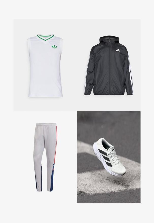 Svart vindjacka med huva, tillverkad av ett smidigt och lätt material. Har vita ränder längs ärmarna och en logotyp på bröstet.; Ärmlös vit tränings-topp med V-ringning, gröna krage-accenter och en liten grön logotyp på bröstet. Nätstruktur för bättre andningsförmåga.; Grå träningsbyxor med röda sidostraper, en marinblå panel på de nedre sidorna och ett elastiskt midjeband för en säker passform.; Vitt sportskor med strukturerad mesh-överkant, svarta ränder, snörning och en dämpad sula, svävande över en markerad väg.