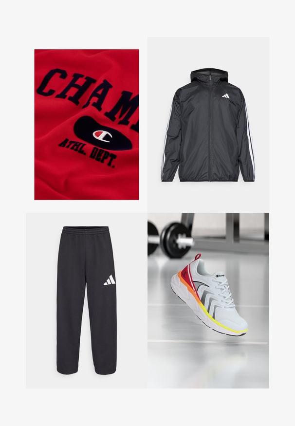 Jachetă neagră de vânt cu glugă, realizată dintr-un material neted și ușor. Prezintă dungi albe pe mâneci și un logo pe piept.; Sweatshirt roșu din bumbac, cu text mare albastru închis "CHAMP" și "ATHL. DEPT.", având un logo oval negru ce conține un emblema albă și roșie.; Pantaloni de trening negri, cu o croială relaxată, prezentând un elastic la talie și un logo geometric alb pe piciorul stâng. Textură de țesătură netedă.; Pantofii sport albi cu partea superioară din plasă, accente colorate în roșu, portocaliu și galben, având o talpă texturată și detalii negre.