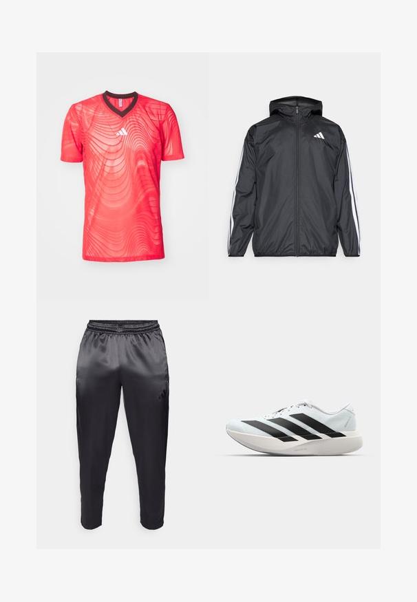 Must hele musta tuulejope, millel on kapuuts ja mis on valmistatud siledast, kergest materjalist. Omab valgeid triipasid varrukatel ja logo rinnal.; Punane sportlik T-särk V-kaelusega, millel on tekstuuriga muster ja kontrastne tume kaelus. Valmistatud kergest võrkmaterjalist.; Mustad musta värvi spord pants, mis on valmistatud siledast ja kergest kangast, elastse värviga. Vasakul küljel on väike logo ning jalad on kitsenevad.; Kerged jooksujalatsid helesinises värvuses mustade triipudega. Omavad siledat pealispinda, ümarat varvase osa ja paksu valget vahemõõtu, millel on silt "LIGHTSTRIKE PRO".