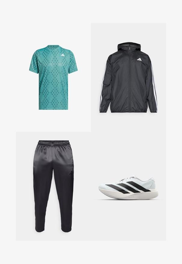 Čierna vetrovka s kapucňou, vyrobená z hladkého, ľahkého materiálu. Má biele pruhy pozdĺž rukávov a logo na hrudi.; Tyrkysové športové tričko vyrobené z priedušného materiálu s diamantovým vzorom; kulatý výstrih; krátke rukávy; zvýraznené logo na hrudi.; Čierne športové nohavice vyrobené z hladkej, ľahkej tkaniny s elastickým pásom. Na ľavej strane sa nachádza malé logo a nohavice sú zúžené na koncoch.; Ľahké bežecké topánky v svetlomodrej farbe s čiernymi pruhmi. Majú hladký zvršok, okrúle špičky a hrubú bielu medzipodrážku označenú "LIGHTSTRIKE PRO."