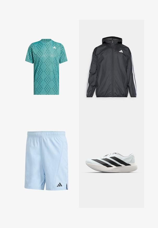 Czarna kurtka typu windbreaker z kapturem, wykonana z gładkiego, lekkiego materiału. Posiada białe paski wzdłuż rękawów oraz logo na piersi.; Turkusowa koszulka sportowa z oddychającego materiału, z wzorem w diamenty; okrągły dekolt; krótkie rękawy; logo akcentowe na piersi.; Jasnoniebieskie spodenki sportowe wykonane z lekkiego materiału. Posiadają elastyczny pas i czarne logo Adidas na dolnej lewej stronie.; Lekkie buty do biegania w jasnoniebieskim kolorze z czarnymi pasami. Posiadają gładką cholewkę, okrągły nosek oraz grubą białą podeszwę środkową oznaczoną "LIGHTSTRIKE PRO."
