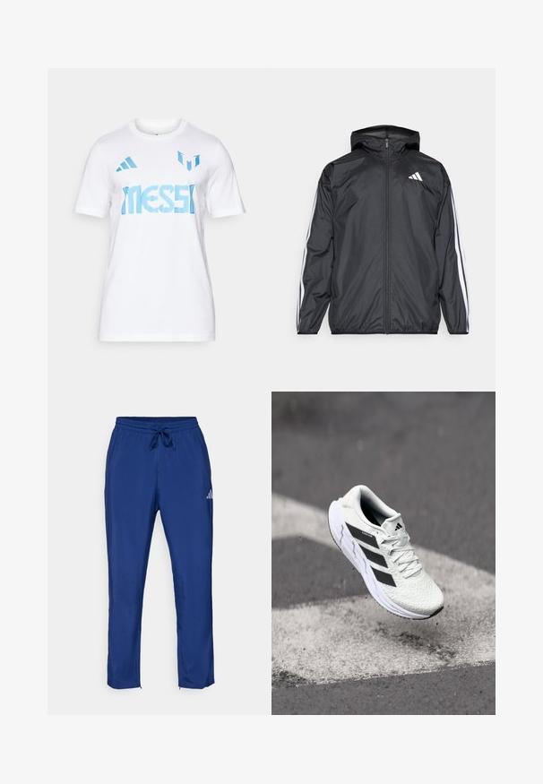 Crna jakna s kapuljačom, izrađena od glatkog, laganog materijala. Sadrži bijele pruge duž rukava i logo na prsima.; Bijela pamučna majica s plavim natpisom "MESSI" i dvije plave pruge na ramenima. Okrugli izrez, kratki rukavi.; Mornarsko plave sportske hlače s elastičnim pojasom i vezicom. Imaju suptilan logotip sa strane i zatvarače na gležnjevima.; Bjela atletska cipela s mrežastim gornjim dijelom s teksturom, crnim prugama, vezanjem na vezice i podstavljenim potplatom, lebdi iznad označene ceste.