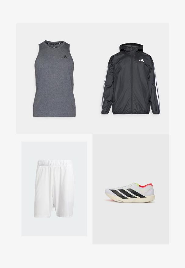 Černá větrovka s kapucí, vyrobená z hladkého, lehkého materiálu. Má bílé pruhy podél rukávů a logo na hrudi.; Šedý atletický tílko vyrobené z lehkého materiálu, s kulatým výstřihem a černým logem značky na levé části hrudi.; Bílé sportovní šortky vyrobené z lehkého materiálu, s elastickým pasem, hladkým povrchem a střihem ke kolenům.; Bílé běžecké boty s černými pruhy, neonově zelenými akcenty a červenou patou. Mají lehký design a texturovanou podrážku pro lepší přilnavost.
