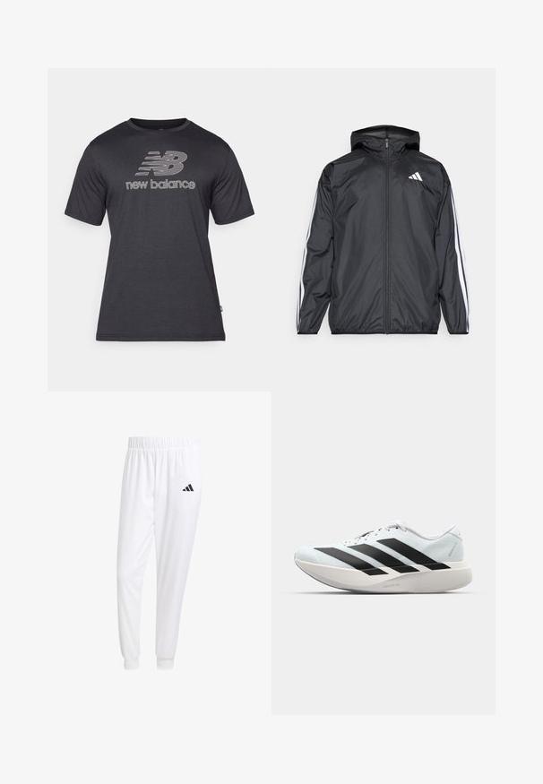 Čierna vetrovka s kapucňou, vyrobená z hladkého, ľahkého materiálu. Má biele pruhy pozdĺž rukávov a logo na hrudi.; Čierne tričko s krátkymi rukávmi z bavlnenej zmesi s okrúhlym výstrihom a reflexným logom New Balance v bielej farbe na hrudi.; Biele športové nohavice z hladkej tkaniny, s elastickým pásom a priliehavými manžetami, s čiernym logom na zadnej vrecku.; Ľahké bežecké topánky v svetlomodrej farbe s čiernymi pruhmi. Majú hladký zvršok, okrúle špičky a hrubú bielu medzipodrážku označenú "LIGHTSTRIKE PRO."