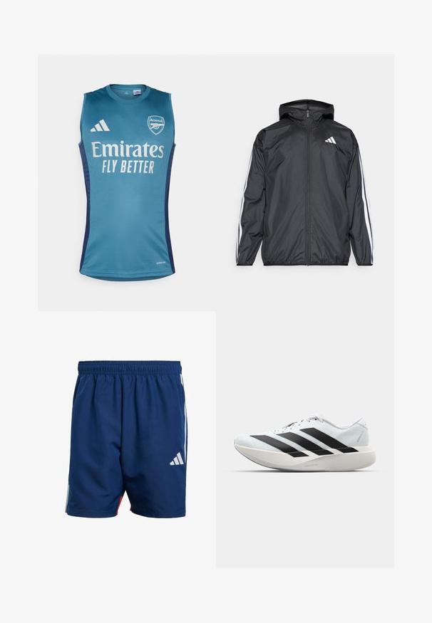 Black windbreaker jacket with a hood, made of smooth, lightweight material. Features white stripes along sleeves and a logo on the chest.; Aqua sleeveless jersey featuring the Arsenal logo, "Emirates Fly Better" text, and dark blue side accents. Made of smooth fabric.; Navy blue athletic shorts with an elastic waistband, side white stripes, and a small white logo on the lower left leg. Lightweight material.; Lightweight running shoes in pale blue with black stripes. Features a smooth upper, round toe, and thick white midsole labeled "LIGHTSTRIKE PRO."