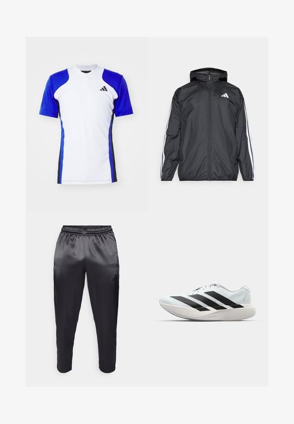 Chaqueta cortavientos negra con capucha, hecha de un material suave y ligero. Presenta rayas blancas a lo largo de las mangas y un logo en el pecho.; Camisa deportiva de manga corta en blanco con mangas azules, con acentos laterales en negro y un pequeño logo negro en el pecho. Acabado de tejido suave.; Pantalones deportivos negros hechos de una tela suave y liviana con una cintura elástica. Presentan un pequeño logo en el lado izquierdo y piernas ajustadas.; Zapatillas de running ligeras en azul pálido con rayas negras. Presentan una parte superior suave, puntera redonda y una gruesa mediasuela blanca etiquetada como "LIGHTSTRIKE PRO".