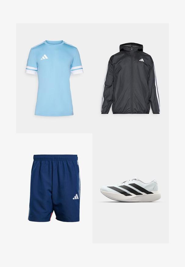 Čierna vetrovka s kapucňou, vyrobená z hladkého, ľahkého materiálu. Má biele pruhy pozdĺž rukávov a logo na hrudi.; Svetlomodré športové tričko s bielymi akcentmi, s krátkymi rukávmi a tromi bielymi pruhmi na ramenách. Vyrobené z priedušného materiálu.; Námořnické modré atletické šortky s elastickým pasem, bočnými bílými pruhy a malým bílým logem na dolní části levé nohavice. Lehce materiál.; Ľahké bežecké topánky v svetlomodrej farbe s čiernymi pruhmi. Majú hladký zvršok, okrúle špičky a hrubú bielu medzipodrážku označenú "LIGHTSTRIKE PRO."