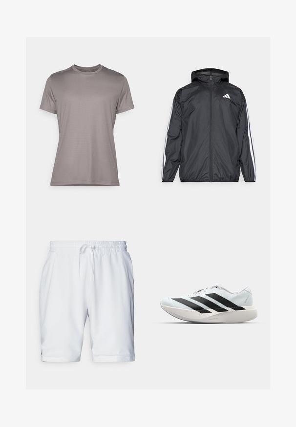Sort vindjakke med hætte, lavet af glat, let materiale. Har hvide striber langs ærmerne og et logo på brystet.; Grå t-shirt med korte ærmer lavet af struktureret stof, rund hals og en diskret logoaccent på ærmet. Enkel, ren design.; Hvide sportsshorts med elastisk talje og justerbar snor. Glat stof med en diskret tekstur, der har sidelommer.; Letvægtige løbesko i lys blå med sorte striber. Har en glat overdel, rund tå og tyk hvid mellemsål mærket "LIGHTSTRIKE PRO."