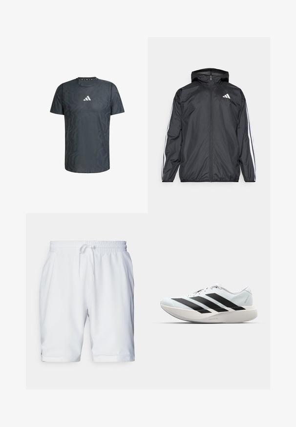 Mustakainen tuulitakki, jossa on huppu, valmistettu sileästä ja kevyestä materiaalista. Tässä takissa on valkoiset raidat hihoissa ja logo rinnassa.; T-paita tummanharmaata urheiluvaatetta, jossa on geometrinen kuvio, pyöreä kaula-aukko, lyhyet hihat ja valkoinen logo rinnassa. Silkkinen pinta.; Valkoiset urheilushortsit, joissa on joustava vyötärö ja säädettävä nauha. Liukas kangas, jossa on hienovarainen rakenne, ja sivutaskut.; Kevyt juoksukengät vaaleansinisinä mustilla raidoilla. Ominaisuuksiin kuuluu sileä pinta, pyöreä kärki ja paksu valkoinen välipohja, joka on merkitty "LIGHTSTRIKE PRO".