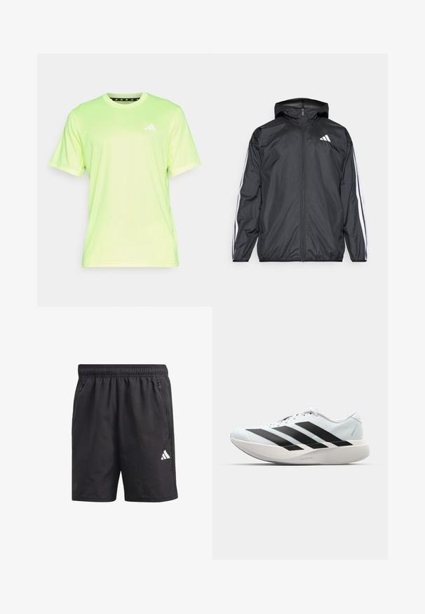 Chaqueta cortavientos negra con capucha, hecha de un material suave y ligero. Presenta rayas blancas a lo largo de las mangas y un logo en el pecho.; Camiseta atlética de manga corta en color verde lima, fabricada con un tejido ligero y transpirable, que presenta un pequeño logo blanco en el lado izquierdo del pecho.; Pantalones cortos atléticos negros con cintura elástica, bolsillos laterales con cremallera y un logo blanco en la pierna izquierda. Textura ligera y suave.; Zapatillas de running ligeras en azul pálido con rayas negras. Presentan una parte superior suave, puntera redonda y una gruesa mediasuela blanca etiquetada como "LIGHTSTRIKE PRO".