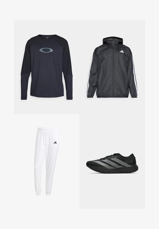Fekete szélálló dzseki kapucnival, sima, könnyű anyagból. Fehér csíkokkal díszített az ujjak mentén és logóval a mellkason.; Oakley SEEKER AIRLINE - Hosszú ujjú felső - blackout; Fehér sportnadrág sima anyagból, rugalmas derékpánttal és szűkített bokákkal, a hátsó zsebében fekete logóval.; Fekete sportcipők könnyű kialakítással, három kiemelkedő szürke csíkkal, sima textúrával és kontúros talppal.