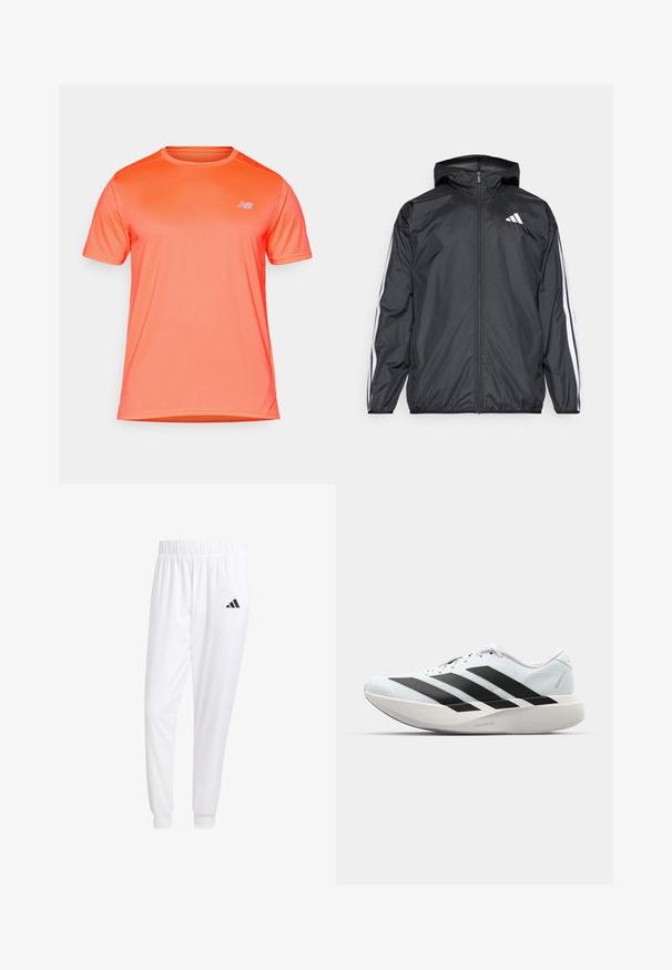 Must hele musta tuulejope, millel on kapuuts ja mis on valmistatud siledast, kergest materjalist. Omab valgeid triipasid varrukatel ja logo rinnal.; Lühikeste varrukatega spordisärk erksast oranžist kangast, millel on õrn ribiline tekstuur ja väike valge logo vasakul rinnal.; Valged sportpüksid, mis on valmistatud siledast kangast, omavad elastset vöökohta ja kitsaid mansette, tagakoti peal on must logo.; Kerged jooksujalatsid helesinises värvuses mustade triipudega. Omavad siledat pealispinda, ümarat varvase osa ja paksu valget vahemõõtu, millel on silt "LIGHTSTRIKE PRO".