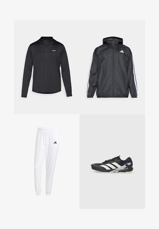Mustakainen tuulitakki, jossa on huppu, valmistettu sileästä ja kevyestä materiaalista. Tässä takissa on valkoiset raidat hihoissa ja logo rinnassa.; Mustat pitkähihaiset vetoketjulliset hupparit, joissa on neljännesvetoketju ja hienovarainen logo rinnassa, valmistettu kevyestä ja hengittävästä kankaasta.; Valkoiset urheiluhousut, jotka on valmistettu sileästä kankaasta, jossa on joustava vyötärö ja istuvat hihat, ja joissa on musta logo takataskussa.; Mustat urheilukengät valkoisilla raidoilla, verkkomateriaalia ylhäällä, pyöristetty kärki ja pehmustettu pohja. Varustettu teksturoidulla kantapäällä ja turvallisella nauhoitusjärjestelmällä.