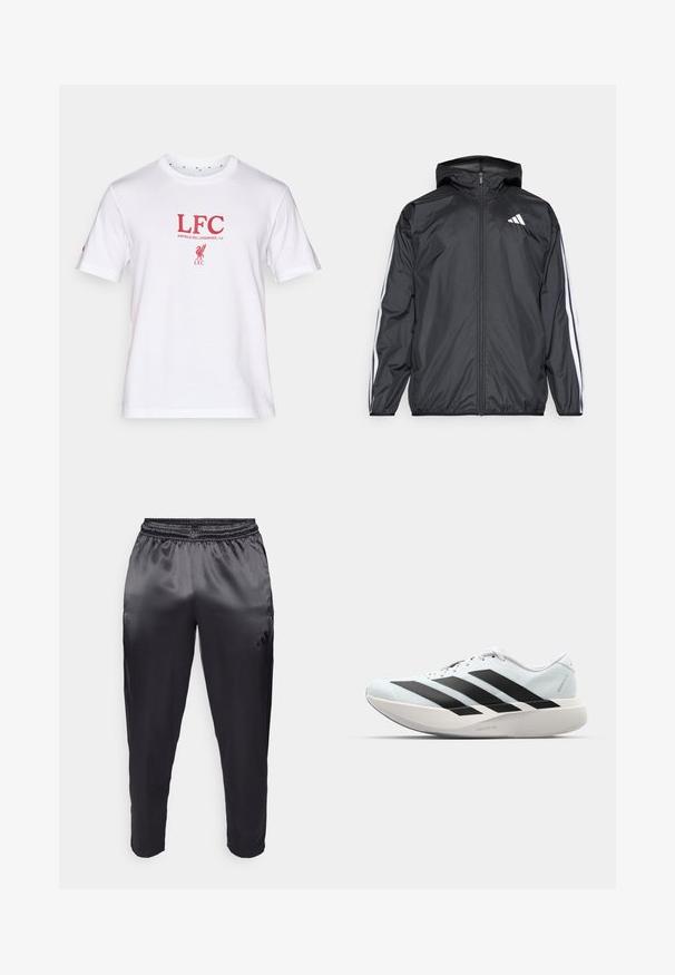 Giacca a vento nera con cappuccio, realizzata in materiale liscio e leggero. Presenta strisce bianche lungo le maniche e un logo sul petto.; T-shirt bianca in cotone con il testo rosso "LFC" e "ANFIELD RD, LIVERPOOL, L4" sottostante, accompagnato da un logo di un uccello. Maniche corte e scollatura rotonda.; Pantaloni sportivi neri realizzati in un tessuto leggero e liscio con una vita elastica. Presentano un piccolo logo sul lato sinistro e gambe affusolate.; Scarpe da corsa leggere di colore azzurro pallido con strisce nere. Presentano una tomaia liscia, punta rotonda e un'ampia intersuola bianca etichettata "LIGHTSTRIKE PRO."