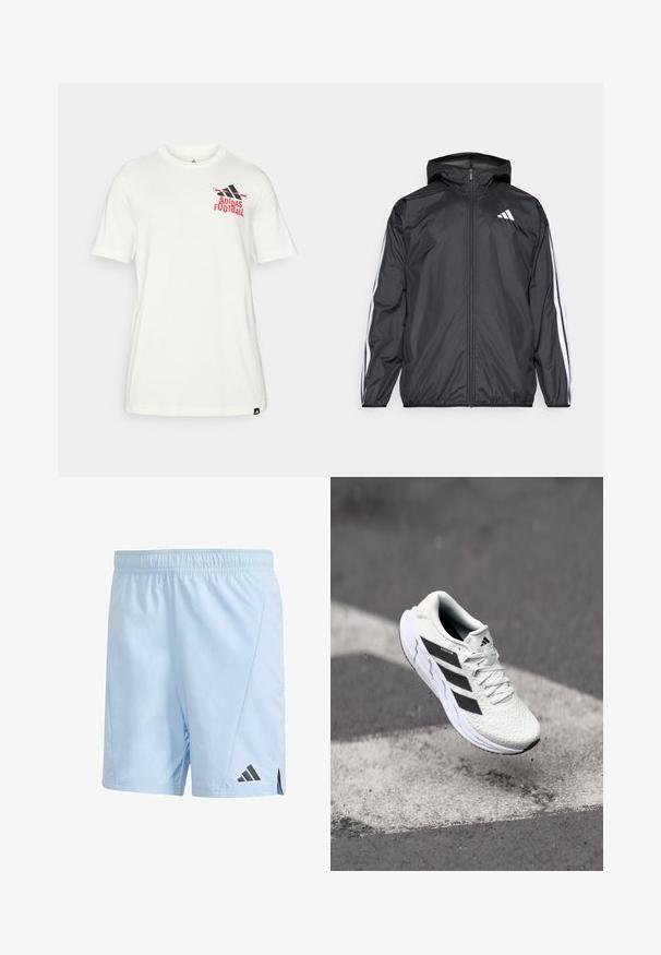 Czarna kurtka typu windbreaker z kapturem, wykonana z gładkiego, lekkiego materiału. Posiada białe paski wzdłuż rękawów oraz logo na piersi.; Biała bawełniana koszulka z krótkimi rękawami, z logo "Adidas Football" w kolorze czerwonym i czarnym na piersi. Miękka tekstura, klasyczny krój.; Jasnoniebieskie spodenki sportowe wykonane z lekkiego materiału. Posiadają elastyczny pas i czarne logo Adidas na dolnej lewej stronie.; Białe buty sportowe z teksturowaną siateczką, czarnymi paskami, z zapięciem na sznurowadła i wyściełaną podeszwą, unoszące się nad oznaczoną nawierzchnią drogi.