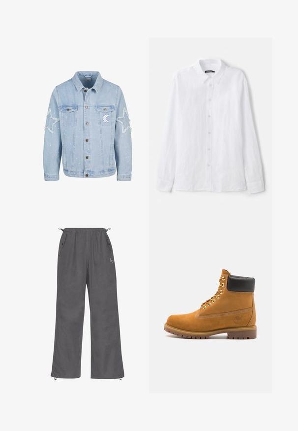 Svetlomodrá džínsová bunda s hviezdicovým opotrebovaním, kovovými gombíkmi, dvoma náprsními vreckami a jemným bielym striekancem farby.; Biela košeľa s dlhým rukávom na gombíky vyrobená z textúrovanej látky. Má klasický golier a zapínanie na gombíky so malými guľatými gombíkmi.; Sivé široké nohavice vyrobené z mäkkej látky. Obsahujú elastický pás, bočné vrecká a zipsy na manžetách. Jednoduchý dizajn s minimálnymi detailami.; Tyrkysové semišové členkové topánky s čiernym polstrovaným golierom, zlatými kovovými očkami, bielym prešívaním a robustnou gumovou podrážkou s výraznými drážkami.