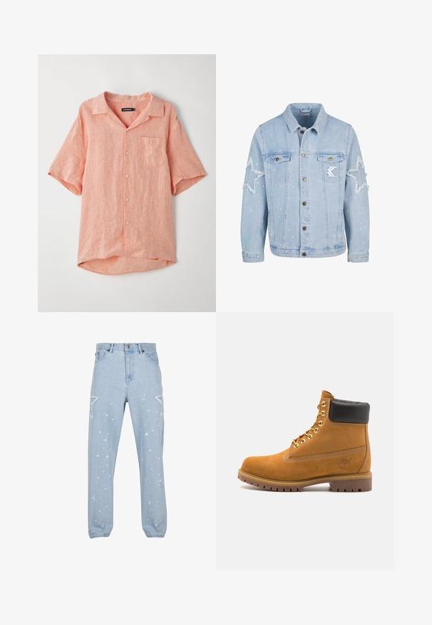 Chaqueta de mezclilla azul claro con desgastes en forma de estrella, botones de metal, dos bolsillos en el pecho y un sutil salpicado de pintura blanca.; Camisa de manga corta y botones en color coral claro, hecha de tela de lino texturizada. Cuenta con un bolsillo en el pecho y un diseño de cuello tipo campamento.; Jeans de mezclilla azul claro con un ajuste relajado, que cuentan con recortes en forma de estrella, manchas de pintura y un diseño clásico de cinco bolsillos.; Botín de ante marrón claro con collar acolchado negro, ojales de metal dorado, detalles de costura blanca y suela de goma resistente con tacos pronunciados.