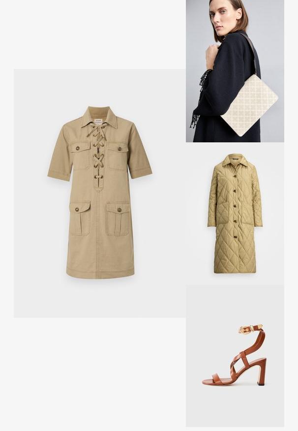 Béžový prešívaný kabát s vysokým golierom, šiestimi prednými gombíkmi a dvoma veľkými bočnými vreckami. Textúra je hladká s diamantovými vzormi.; Svetlohnedé šaty s krátkym rukávom a golierom na zapínanie, šnurovaním vpredu a dvomi vreckami na hrudníku a v spodnej časti. Textúra látky je z bavlny.; Hnedé kožené sandále na podpätku so strappy dizajnom a spona na členku. Majú uzavretú pätu a vysoký, masívny podpätok. Hladká textúra.; Bežová vzorovaná taška na rameno so štruktúrovaným tvarom, vybavená hnedým štruktúrovaným popruhom. Nosená modelkou na šedom pozadí.