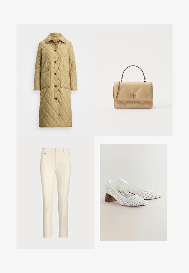 Beżowy pikowany płaszcz z wysokim kołnierzem, sześcioma przednimi guzikami i dwoma dużymi bocznymi kieszeniami. Tekstura jest gładka z diamentowymi wzorami.; Kremowy sweter z golfem w prążki z długimi rękawami i ciemnobrązowymi akcentami na ramionach. Dopasowany krój podkreśla kształt ciała i teksturę.; Kremowe spersonalizowane spodnie o prostym kroju, o gładkiej teksturze, z przednimi kieszeniami oraz subtelnym metalicznym akcentem na pasku.; Białe plecione czółenka z ostro zakończonym nosem i niskim, drewnianym obcasem. Faktura jest otwarto-splotowa, ukazująca skomplikowane wzory.; Quiltowana beżowa skórzana torebka z złotymi detalami, łańcuszkowym paskiem i uchwytem u góry. Posiada z przodu klapkę oraz charakterystyczny logo.