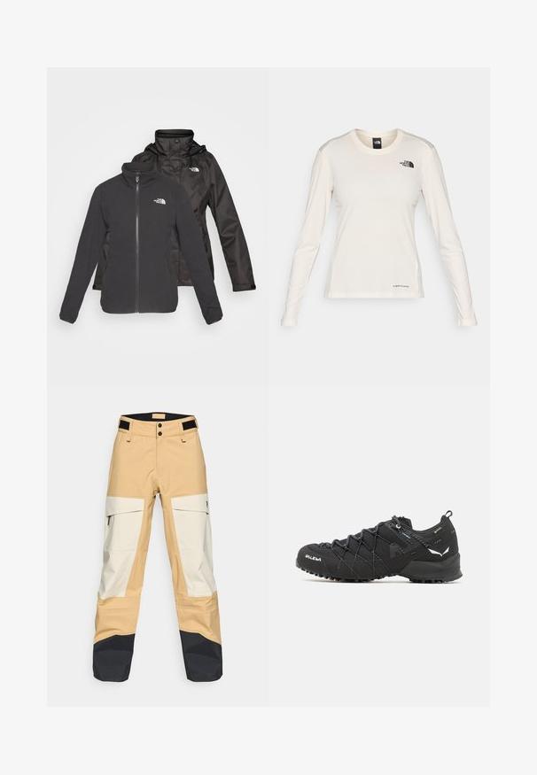 Two-layer jacket in black: a zip-front fleece with stand collar and a waterproof shell with a hood; includes logos on both layers.; The North Face SHADOW LONG SLEEVE - Long sleeved top - white dune; Beige and white outdoor pants with black accents. Features cargo pockets, dual button closure, and a durable texture suitable for various conditions.; Black hiking shoes with a textured fabric upper, lacing system, and rugged rubber sole. Accented with reflective details and logos.