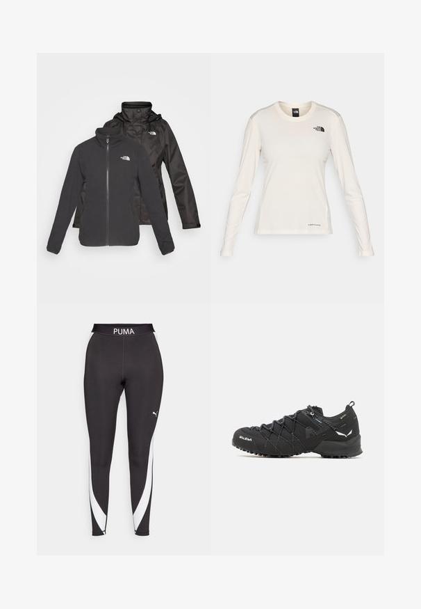 Divslāņa jaka melnā krāsā: ar zipa priekšpusi un stāvu apkakli, fleece materiāls un ūdensnecaurlaidīgs apvalks ar kapuci; abos slāņos ietverti logo.; The North Face SHADOW LONG SLEEVE - Tops ar garām piedurknēm - white dune; Melni sporta legingi ar baltu sānu paneli, PUMA logo augšējā jostā un gludu, elastīgu audumu.; Melnas pārgājienu kurpes ar teksturētu auduma virsu, šņorēšanas sistēmu un izturīgu gumijas zoli. Akcentētas ar atstarojošām detaļām un logo.