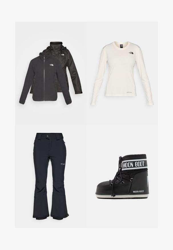 Tvålagersjacka i svart: en fleece med dragkedja framtill och ståkrage samt ett vattentätt skal med huva; inkluderar logotyper på båda lagren.; The North Face SHADOW LONG SLEEVE - Långärmad tröja - white dune; Svarta vattentäta skidbyxor med en zippered ficka, vida ben och en logotyp på låret. Har hållbart material och förstärkta mudd.; Svart Moon Boot med en vadderad ovandel, säkrad med snörning och ett distinkt vitt band med logotypen. Tjock, texturerad gummisula.