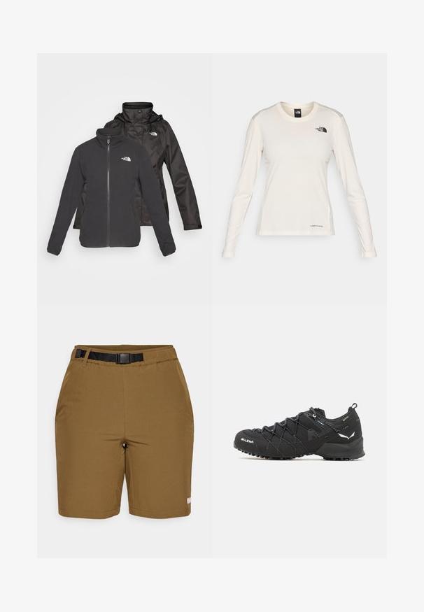 Dwuwarstwowa kurtka w kolorze czarnym: polar z zamkiem z przodu i stójką oraz wodoodporna powłoka z kapturem; zawiera logo na obu warstwach.; The North Face - Bluzka z długim rękawem; Brązowe szorty z płaskim pasem i regulowanym czarnym paskiem, charakteryzujące się gładką teksturą materiału oraz dwiema bocznymi kieszeniami.; Czarne buty trekkingowe z teksturowaną cholewką z tkaniny, systemem sznurowania i wytrzymałą gumową podeszwą. Udekorowane odblaskowymi detalami i logo.