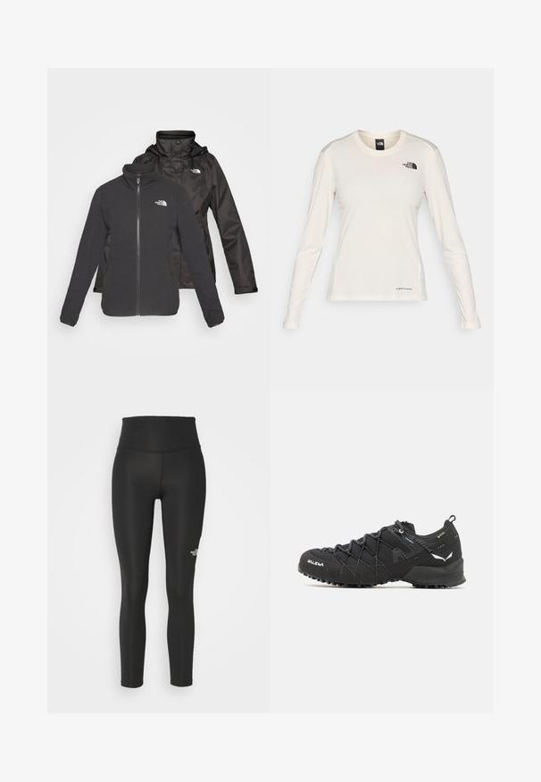 Giacca a due strati nera: fleece con zip frontale e colletto rialzato, con un guscio impermeabile dotato di cappuccio; include loghi su entrambi gli strati.; The North Face SHADOW LONG SLEEVE - Maglietta a manica lunga - white dune; The North Face FLEX 25IN TIGHT - Leggings - black; Scarpe da trekking nere con tomaia in tessuto testurizzato, sistema di allacciatura e suola in gomma robusta. Accentuate da dettagli riflettenti e loghi.