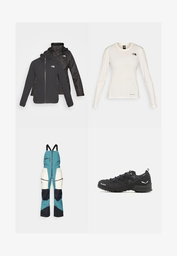 To-lags jakke i sort: en fleece med lynlås foran og stående krave samt en vandtæt skal med hætte; inkluderer logoer på begge lag.; The North Face SHADOW LONG SLEEVE - Langærmet T-shirt - white dune; Peak Performance VERTICAL GORE-TEX PRO BIB - Skibukser - hydro fresh/sand fog; Sorte vandresko med en tekstureret stofoverdel, snøresystem og robust gummisål. Accenteret med reflekterende detaljer og logoer.