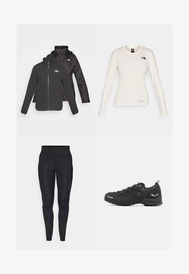 Dwuwarstwowa kurtka w kolorze czarnym: polar z zamkiem z przodu i stójką oraz wodoodporna powłoka z kapturem; zawiera logo na obu warstwach.; The North Face - Bluzka z długim rękawem; Czarne legginsy sportowe z elastycznego materiału, z wysokim pasem i subtelnymi szwami bocznymi. Logo nadrukowane na dolnej części nogawki.; Czarne buty trekkingowe z teksturowaną cholewką z tkaniny, systemem sznurowania i wytrzymałą gumową podeszwą. Udekorowane odblaskowymi detalami i logo.