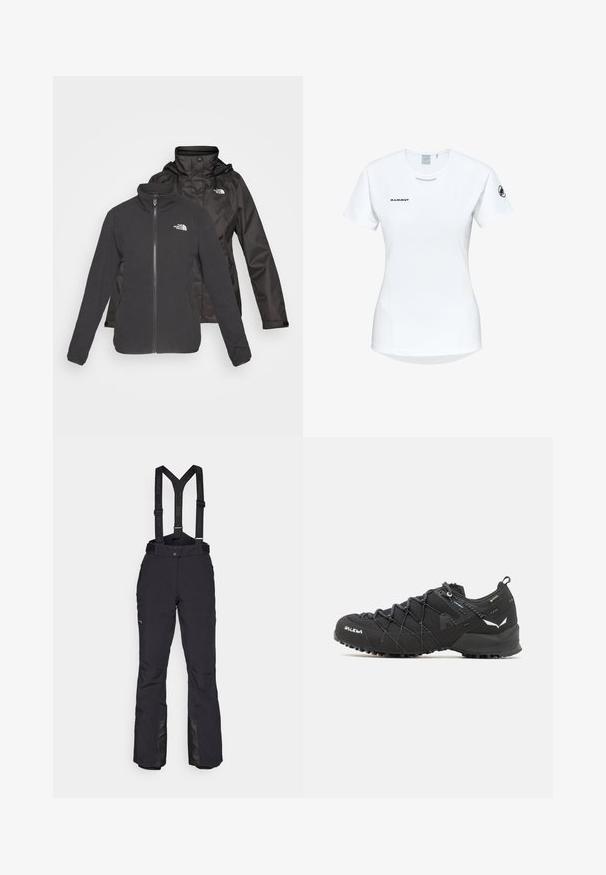Twee-laags jack in het zwart: een fleece met ritssluiting aan de voorkant en een sportieve kraag, gecombineerd met een waterdichte buitenlaag met capuchon; bevat logo's op beide lagen.; Korte mouwen witte sportshirt met een ronde halslijn, voorzien van een logo op de borst en een gladde, lichte stoftextuur.; Zwarte sneeuwbroeken met verstelbare schouderbanden, twee zijzakken, een rits onderaan en een gestructureerde tailleband voor extra grip.; Zwarte wandelschoenen met een bovenkant van textuurstof, een vetersysteem en een robuuste rubberen zool. Verfraaid met reflecterende details en logo's.