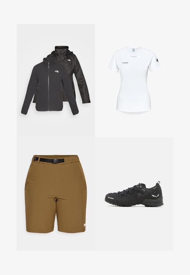 To-lags jakke i sort: en fleece med lynlås foran og stående krave samt en vandtæt skal med hætte; inkluderer logoer på begge lag.; Kortærmet hvid sportsshirt med rund hals, prydet med et logo på brystet og en glat, let stofstruktur.; Brune shorts med flad talje og justerbart sort bælte, der har en glat stoftekstur og to sidelommer.; Sorte vandresko med en tekstureret stofoverdel, snøresystem og robust gummisål. Accenteret med reflekterende detaljer og logoer.