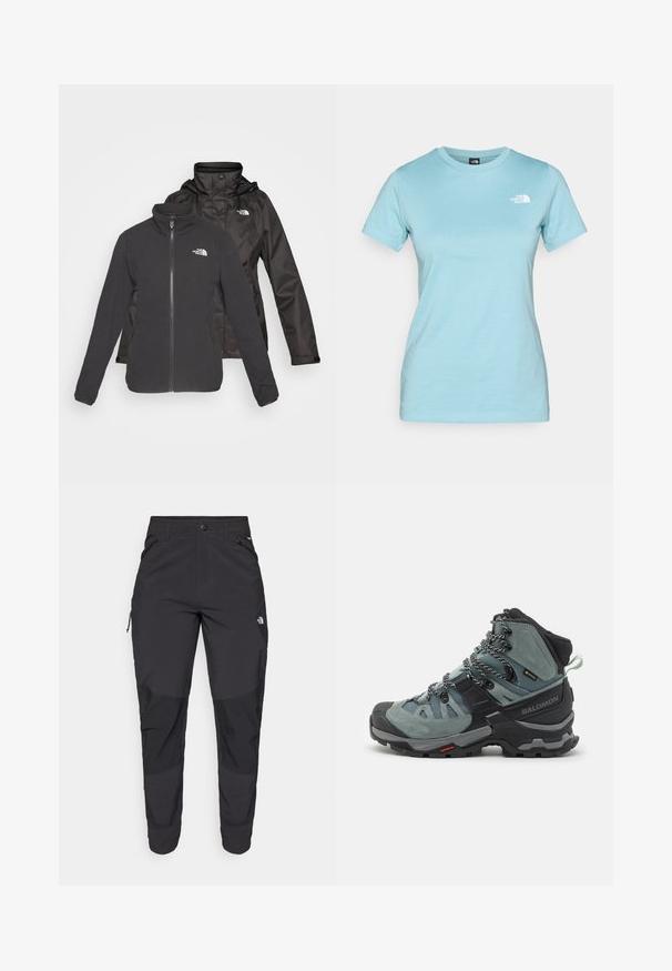 Διπλή ζακέτα σε μαύρο: μια φλις με φερμουάρ μπροστά και καστόλ με κουκούλα, υδατοστεγής; περιλαμβάνει λογότυπα και στους δύο σκαλί.; Απαλή μπλε βαμβακερή μπλούζα κοντομάνικη με στρογγυλή λαιμόκοψη; διαθέτει ένα μικρό λευκό λογότυπο στην επάνω αριστερή περιοχή του στήθους.; Μαύρο παντελόνι εξωτερικού χώρου από ανθεκτικό ύφασμα. Διαθέτει τσέπες με φερμουάρ, ενισχυμένα πάνελ γόνατος και ευθεία κοπή για ελευθερία κινήσεων.; Υψηλό μποτάκι πεζοπορίας σε γκρι-μπλε απόχρωση με σουέτ και πλέγματα στην επάνω επιφάνεια, διαθέτοντας μαύρες λεπτομέρειες, δεσίματα με κόμπους και μια ανθεκτική σόλα για πρόσφυση.
