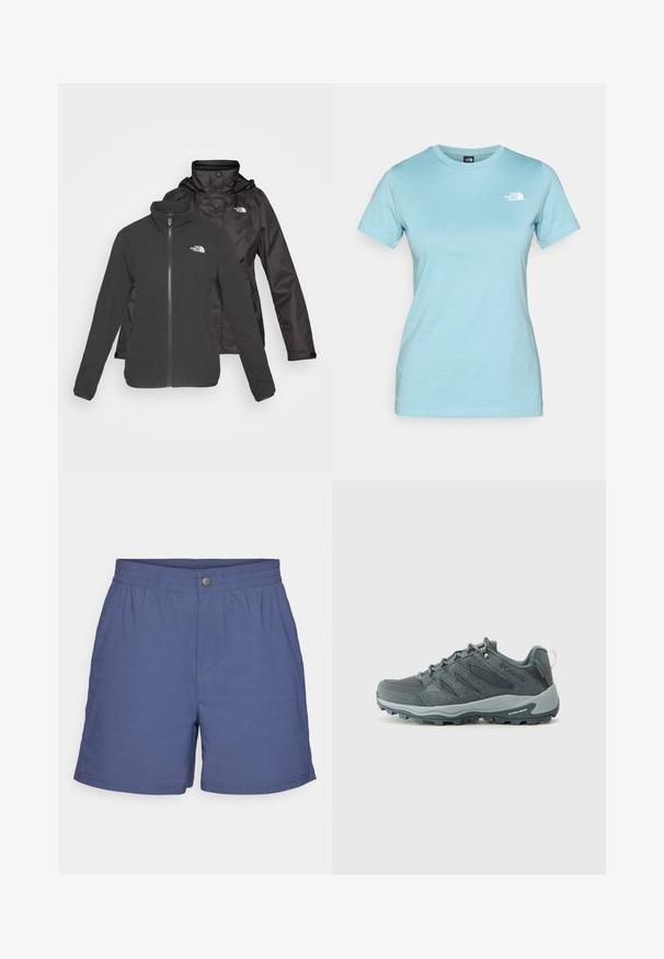 Juodos spalvos dvigubas švarkas: su užtrauktuku, vilnonis pamušalas su iškilniu apykakle ir vandeniui atspari išorinė danga su kapišonu; abiejuose sluoksniuose yra logotipai.; Šviesiai mėlynas medvilninis marškinėliai trumpomis rankovėmis ir apvaliu kaklu; turi mažą baltą logotipą viršutiniame kairiajame krūtinės kampe.; Tamsiai mėlyni šortai, pagaminti iš lengvos medžiagos, su elastinga juosmens juosta, priekiniais sagčių užsegimais ir šoninėmis siūlėmis, užtikrinančiomis patogų prigludimą.; Tamsiai pilki žygio batai su tinklinėmis ir zomšinėmis viršutinėmis dalimis, su raišteliais, paminkštintu padu ir tvirtu padu su įpjovų raštu.