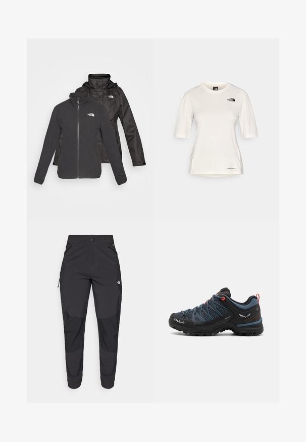 Jachetă cu două straturi de culoare neagră: o bluză din fleece cu fermoar frontal și guler ridicat, și un strat exterior impermeabil cu glugă; include logo-uri pe ambele straturi.; The North Face SHADOW SHORT SLEEVE - Bluză sport - white dune; Pantaloni de exterior negri, dintr-un material rezistent. Prezintă buzunare cu fermoar, panouri întărite pentru genunchi și un design drept pentru mobilitate.; Pantofi de drumeție pentru bărbați cu un superior din plasă neagră și albastră, vârf din cauciuc și accente roșii. Acest model are o talpă texturată pentru aderență și stabilitate.