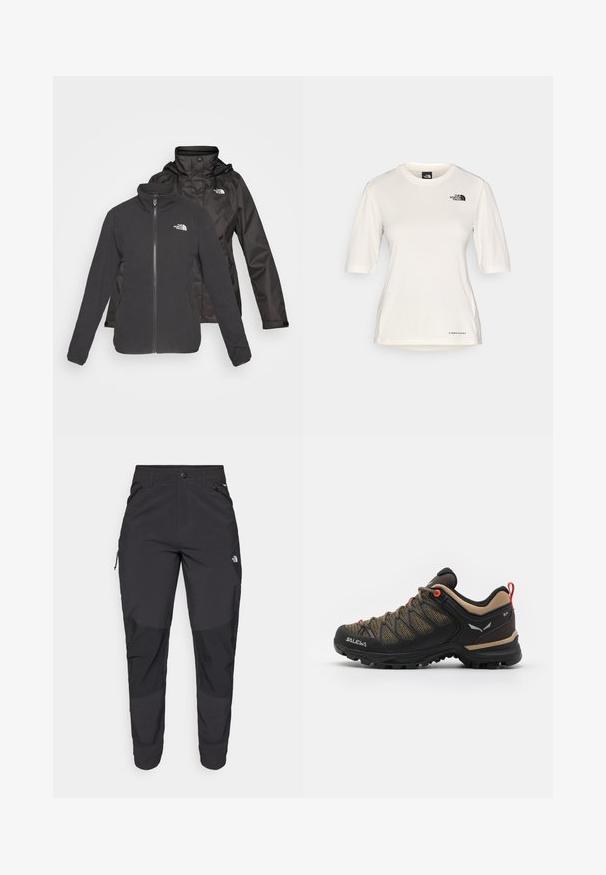 Dvouvrstvá černá bunda: fleecová bunda se zipem vpředu a stojáčkem, plus nepromokavá vrchní vrstva s kapucí; obsahuje loga na obou vrstvách.; The North Face SHADOW SHORT SLEEVE - Sportovní tričko - white dune; Černé venkovní kalhoty vyrobené z odolné tkaniny. Mají zipové kapsy, zesílené kolenní panely a rovný střih pro větší pohyblivost.; Černá a hnědá turistická bota s horní částí z prodyšné síťoviny, červenými akcenty, zesílenou špičkou a texturovanou gumovou podrážkou pro lepší přilnavost.