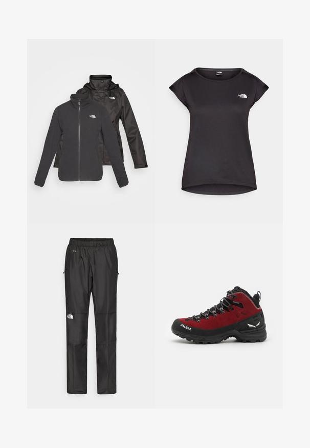 Dvoslojna jakna v črni barvi: flis s zaklopom in stoječim ovratnikom ter vodoodporna zunanja plast s kapuco; vključuje logotipe na obeh plasteh.; The North Face TANKEN TANK - Športne majice - black; Črne nepremočljive hlače iz lahkega materiala, z elastičnim pasom, stranskimi žepi in logotipom na levi nogi.; Rdeče in črne pohodne čevlje iz zamšastih in gumijastih materialov, z teksturiranimi vezalkami, ojačanim sprednjim delom in detajlom logotipa na strani in podplatu.