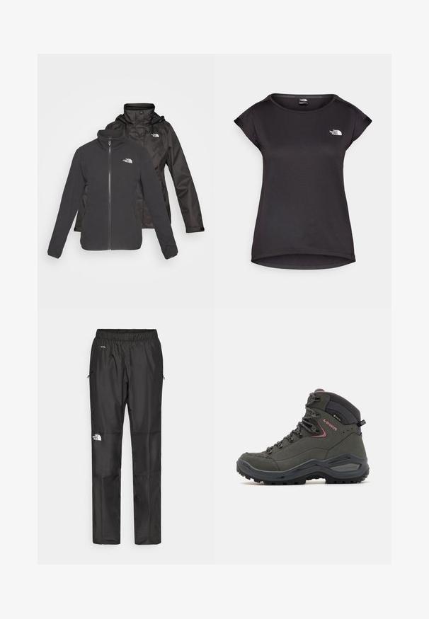 Two-layer jacket in black: a zip-front fleece with stand collar and a waterproof shell with a hood; includes logos on both layers.; The North Face TANKEN TANK - Sports T-shirt - black; Black waterproof pants made from lightweight fabric, featuring an elastic waistband, side pockets, and a logo on the left leg.; Green hiking boot with a high ankle design, leather and synthetic material, rubber sole, and metal eyelets for laces. Minimal accents.
