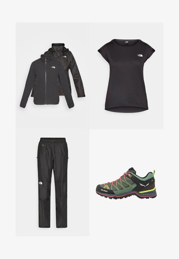 Dvojvrstvová bunda v čiernej farbe: fleece s predným zipsom a stojacím golierom, a vodotesná vrstva s kapucňou; obsahuje logá na oboch vrstvách.; The North Face TANKEN TANK - Športové tričko - black; Čierne vodeodolné nohavice vyrobené z ľahkej tkaniny, s elastickým pásom, bočnými vreckami a logom na ľavom stehne.; Zelená a čierna turistická obuv s textúrovaným sieťovaným vrchom, červenými šnúrkami, žltými akcentmi a robustnou podrážkou navrhnutou na trakciu.