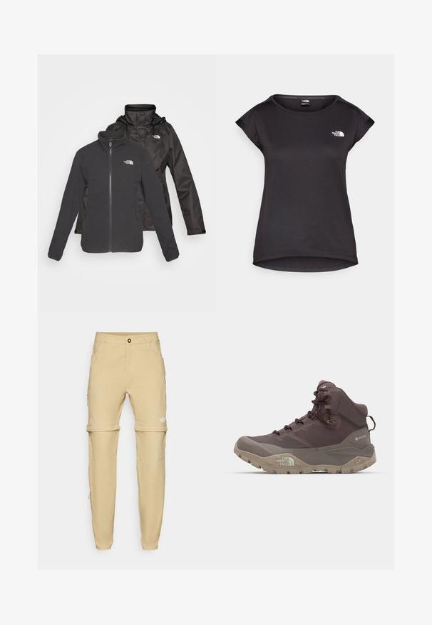 Dvoslojna jakna u crnoj boji: fleece s patentnim zatvaračem, visokim kragnom i vodootpornom školjkom s kapuljačom; uključuje logotipe na oba sloja.; The North Face TANKEN TANK - Sportska majica - black; Bež hlače od rastezljive tkanine s odvojivim nogavicama, glatke teksture, sa bočnim džepovima, dugmadi za zatvaranje i malim logotipom na lijevoj nozi.; The North Face OFFTRAIL MID GORE TEX - Obuća za pješačenje - tawny quartz/mocha brown