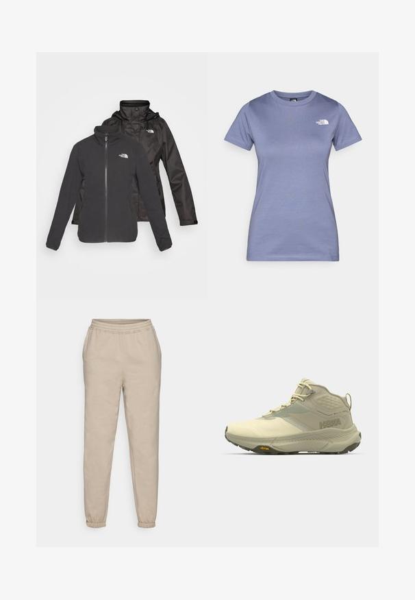 Dvojvrstvová bunda v čiernej farbe: fleece s predným zipsom a stojacím golierom, a vodotesná vrstva s kapucňou; obsahuje logá na oboch vrstvách.; Svetlofialové tričko s krátkym rukávom vyrobené z bavlny, s okrúhlym výstrihom a malým bielym logom na hrudi. Hladká textúra.; Pieskové teplákové nohavice vyrobené z mäkkej zmesi bavlny. Majú elastický pás a zúžené manžety pre uvoľnený strih.; Hiking topánky Hoka v svetlej béžovej farbe, s textúrovaným vrchom, šnurovaním a Vibram podrážkou. Výrazné bočné logo a podporný dizajn.