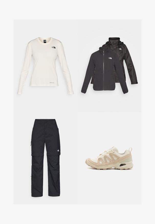 Giacca a due strati nera: fleece con zip frontale e colletto rialzato, con un guscio impermeabile dotato di cappuccio; include loghi su entrambi gli strati.; The North Face SHADOW LONG SLEEVE - Maglietta a manica lunga - white dune; Pantaloni cargo in nylon nero con zip rimovibile, polsini regolabili, molteplici tasche e un logo sulla gamba destra. Tessuto liscio e leggero.; Scarpa atletica beige e crema con tomaia in mesh testurizzato, sovrapposizioni supportive e suola in gomma con un motivo a tasselli per la trazione.