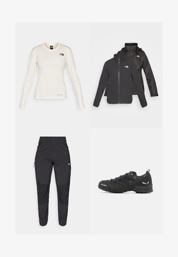 Dvojvrstvová bunda v čiernej farbe: fleece s predným zipsom a stojacím golierom, a vodotesná vrstva s kapucňou; obsahuje logá na oboch vrstvách.; The North Face SHADOW LONG SLEEVE - Top s dlhým rukávom - white dune; Čierne vonkajšie nohavice vyrobené z odolného materiálu. Obsahujú vrecká na zips, zosilnené kolenné panely a rovný strih pre pohyblivosť.; Čierne turistické topánky s textúrovaným textilným zvrškom, viazacím systémom a robustnou gumovou podrážkou. Ozdobené reflexnými detailmi a logami.