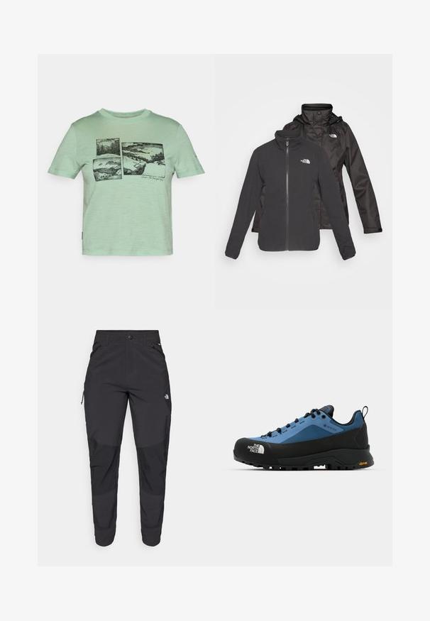 Juodos spalvos dvigubas švarkas: su užtrauktuku, vilnonis pamušalas su iškilniu apykakle ir vandeniui atspari išorinė danga su kapišonu; abiejuose sluoksniuose yra logotipai.; Mėtų žalios spalvos marškiniai, pagaminti iš minkštos medžiagos, su juodu grafiniu dizainu, vaizduojančiu kraštovaizdžius keturiose panelėse priekyje.; Juodos lauko kelnės, pagamintos iš patvarios medžiagos. Turi užtraukiamas kišenes, sustiprintus kelio plotus ir tiesią konstrukciją, leidžiančią laisvai judėti.; Mėlynos ir juodos žygio bateliai, turintys vandeniui atsparią konstrukciją, tekstūruotą medžiagą ir guminį Vibram pado dizainą, užtikrinantį geresnį sukibimą ir ilgaamžiškumą.