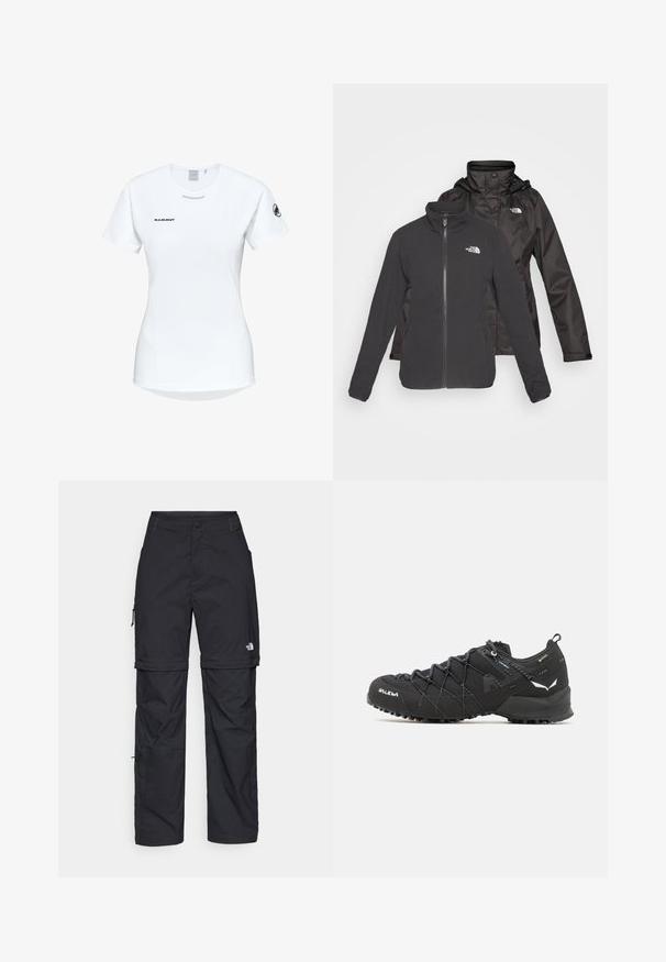 Dwuwarstwowa kurtka w kolorze czarnym: polar z zamkiem z przodu i stójką oraz wodoodporna powłoka z kapturem; zawiera logo na obu warstwach.; Koszulka sportowa z krótkim rękawem w kolorze białym, z okrągłym dekoltem, z logo na piersi i gładką, lekką teksturą materiału.; Czarne nylonowe spodnie cargo z odpinanymi nogawkami, regulowanymi mankietami, wieloma kieszeniami oraz logo na prawej nogawce. Gładka, lekka tekstura.; Czarne buty trekkingowe z teksturowaną cholewką z tkaniny, systemem sznurowania i wytrzymałą gumową podeszwą. Udekorowane odblaskowymi detalami i logo.