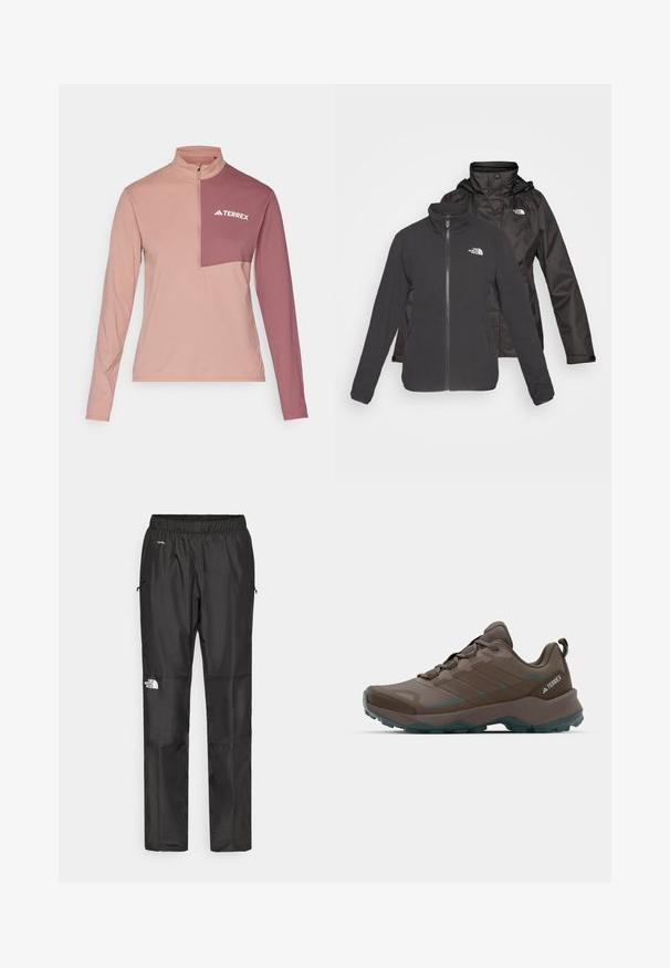 Divslāņa jaka melnā krāsā: ar zipa priekšpusi un stāvu apkakli, fleece materiāls un ūdensnecaurlaidīgs apvalks ar kapuci; abos slāņos ietverti logo.; Gaismas svara garām piedurknēm tops ar ceturtdaļas zipa apkakli, izceļoties ar rozā un mauve krāsu kombināciju. Ietver "TERREX" logotipu uz krūtīm.; Melnas ūdensnecaurlaidīgas bikses, kas izgatavotas no viegla materiāla, ar elastīgu jostu, sānu kabatām un logotipu uz kreisās kājas.; Pelēki un zilgani pārgājienu apavi ar sietveida paneļiem, teksturētu virsu un izturīgu gumijas zoli. Iespējas ietver mīksto mēli un auklu aizdari.