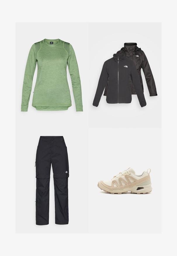 Juodos spalvos dvigubas švarkas: su užtrauktuku, vilnonis pamušalas su iškilniu apykakle ir vandeniui atspari išorinė danga su kapišonu; abiejuose sluoksniuose yra logotipai.; Šviesiai žalia ilgomis rankovėmis sportinė marškinė, pagaminta iš tekstūruotos medžiagos su tinklelio detalėmis ant pečių, turinti apvalų apatinį kraštą ir apvalią iškirptę.; Juodos nailoninės krovinių kelnės su reguliuojamais rankovėmis, daugybe kišenių ir logo ant dešinės kojos. Lygi, lengva tekstūra.; Bežinės ir kreminės spalvos sportinės bateliai su tekstūruoto tinklelio viršutine dalimi, palaikančiomis detalėmis ir guminiais padais, turinčiais raštą, užtikrinantį sukibimą.