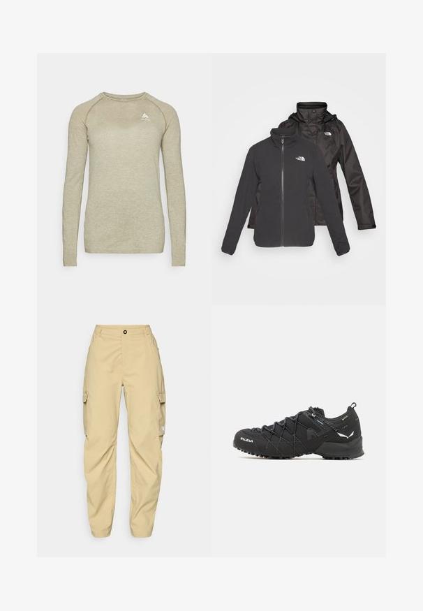 Juodos spalvos dvigubas švarkas: su užtrauktuku, vilnonis pamušalas su iškilniu apykakle ir vandeniui atspari išorinė danga su kapišonu; abiejuose sluoksniuose yra logotipai.; Ilgų rankovių marškinėliai šviesiai béžinės spalvos, su koralų tekstūra, apvalia iškirpte ir subtiliu logotipu ant krūtinės. Pagaminti iš kvėpuojančios medžiagos.; The North Face EXPLORATION CARGO PANTS - Lauko kelnės - khaki stone; Juodi žygio batai su tekstūruotu audiniu, raišteliais ir tvirtu guma padu. Papuošti atspindinčiomis detalėmis ir logotipais.